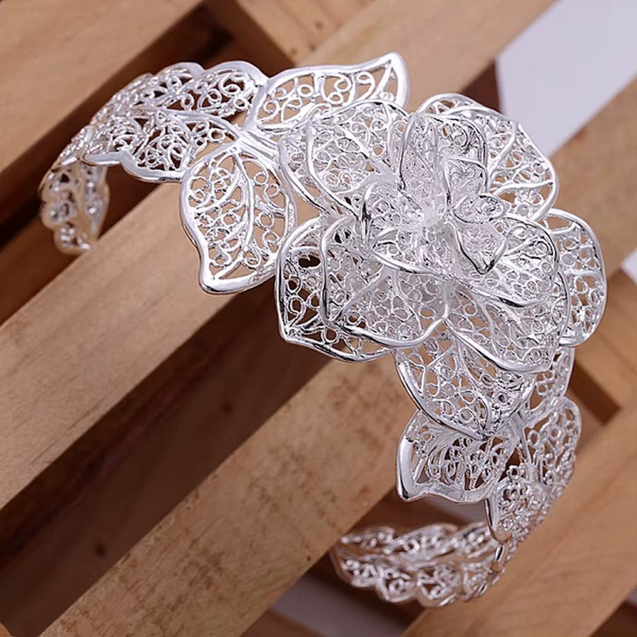 925 Sterling Silver Retro Floral Bangle for Women, Adjustable Charm