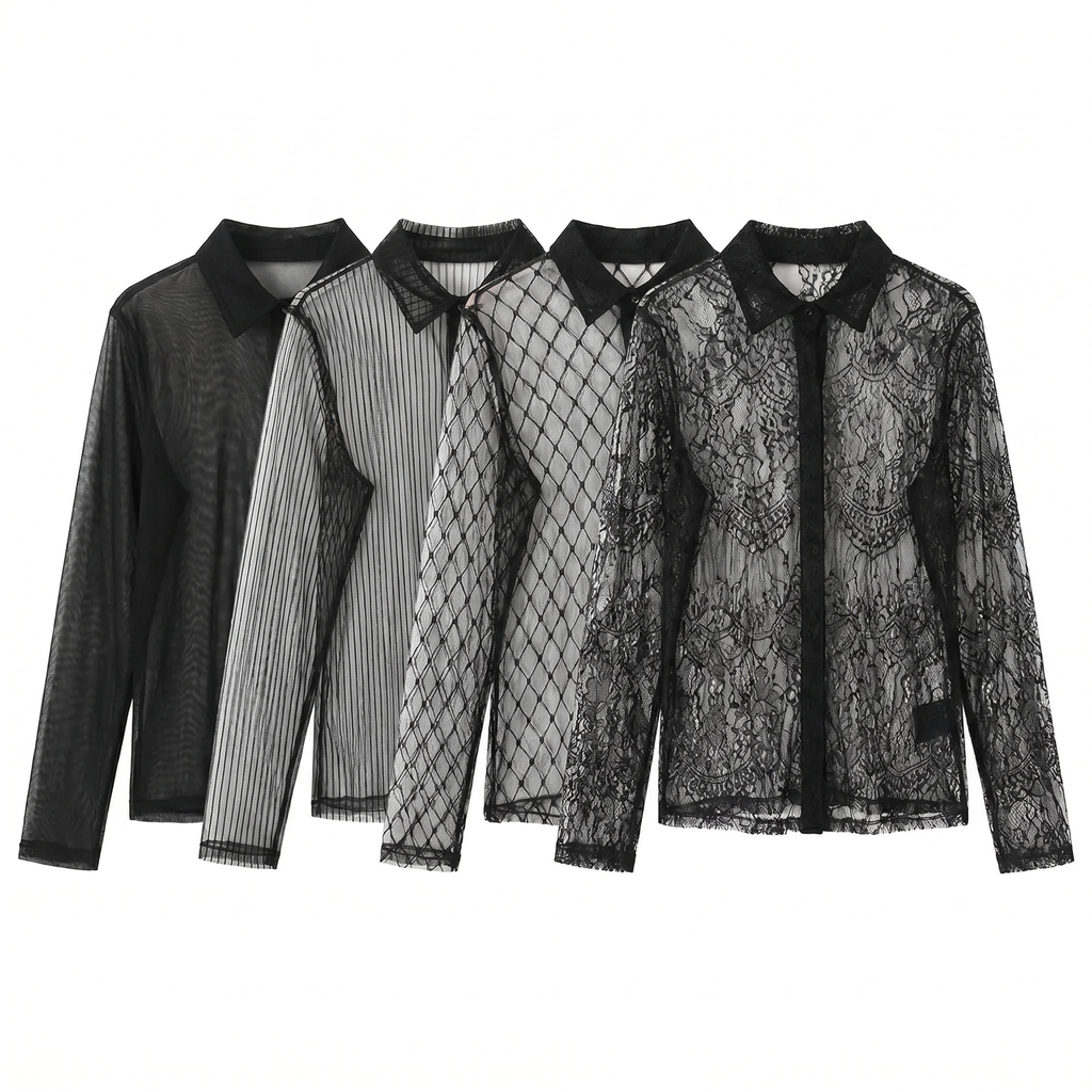 Sheer Lace Mesh Blouse – High-Neck Long-Sleeve Top for Women