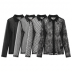 Sheer Lace Mesh Blouse – High-Neck Long-Sleeve Top for Women