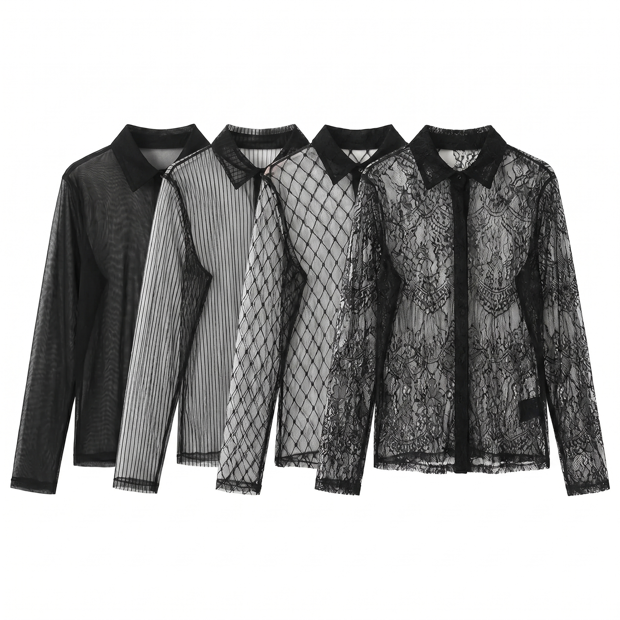 Sheer Lace Mesh Blouse – High-Neck Long-Sleeve Top for Women