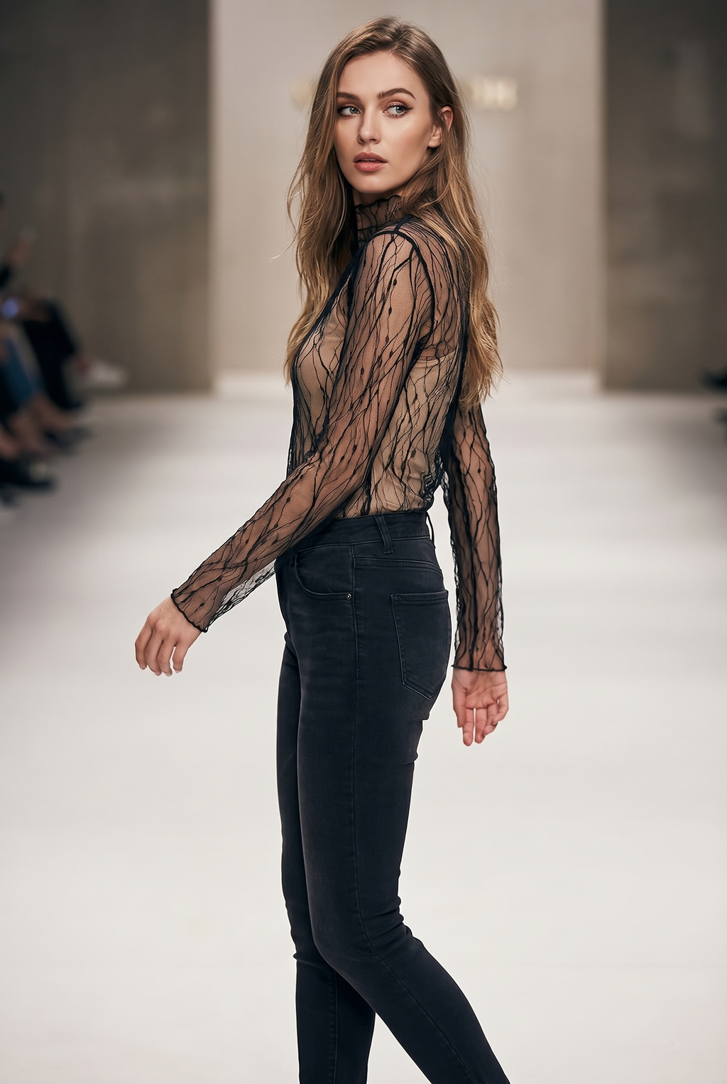Sheer Lace Mesh Blouse – High-Neck Long-Sleeve Top for Women
