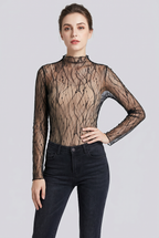 Sheer Lace Mesh Blouse – High-Neck Long-Sleeve Top for Women