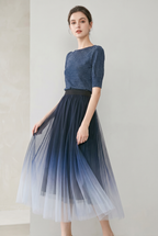 High-Waist Pleated Tulle Midi Skirt – A-Line Mesh Elegance