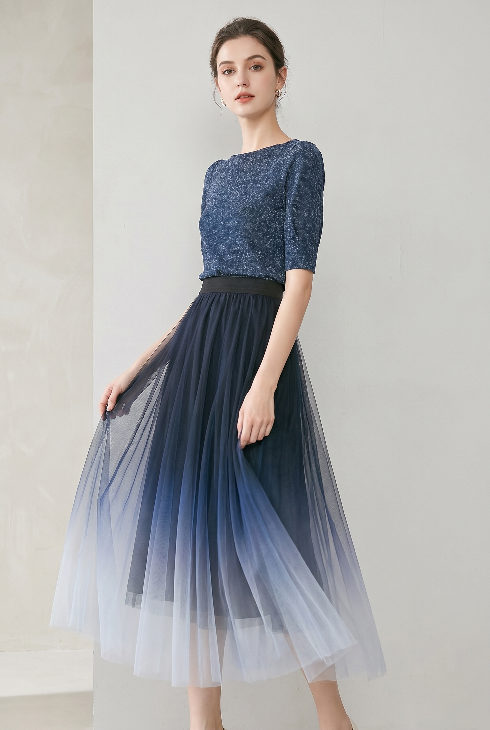 High-Waist Pleated Tulle Midi Skirt – A-Line Mesh Elegance