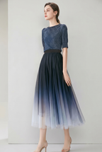 High-Waist Pleated Tulle Midi Skirt – A-Line Mesh Elegance
