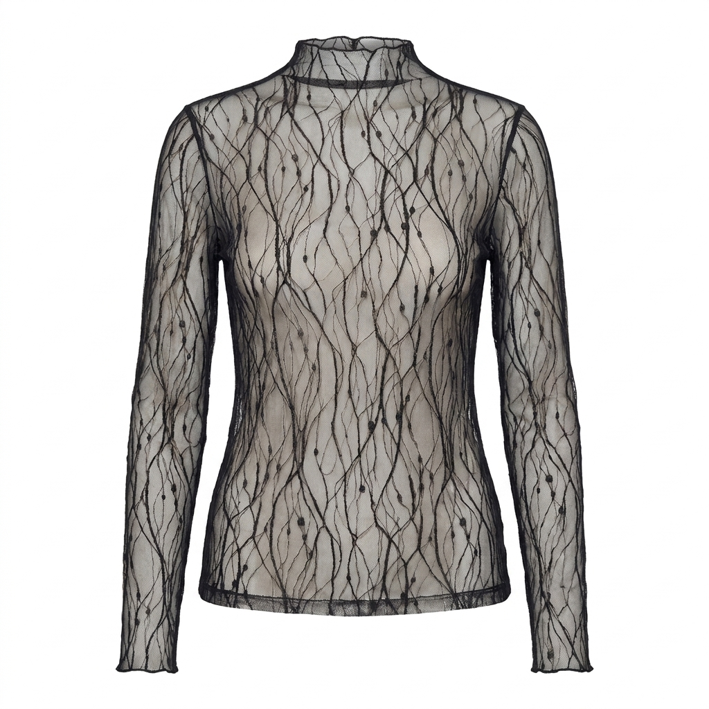 Sheer Lace Mesh Blouse – High-Neck Long-Sleeve Top for Women