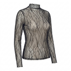 Sheer Lace Mesh Blouse – High-Neck Long-Sleeve Top for Women