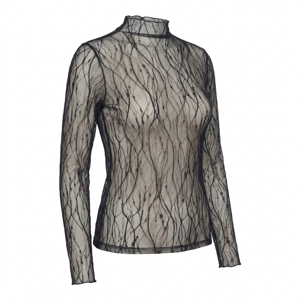 Sheer Lace Mesh Blouse – High-Neck Long-Sleeve Top for Women