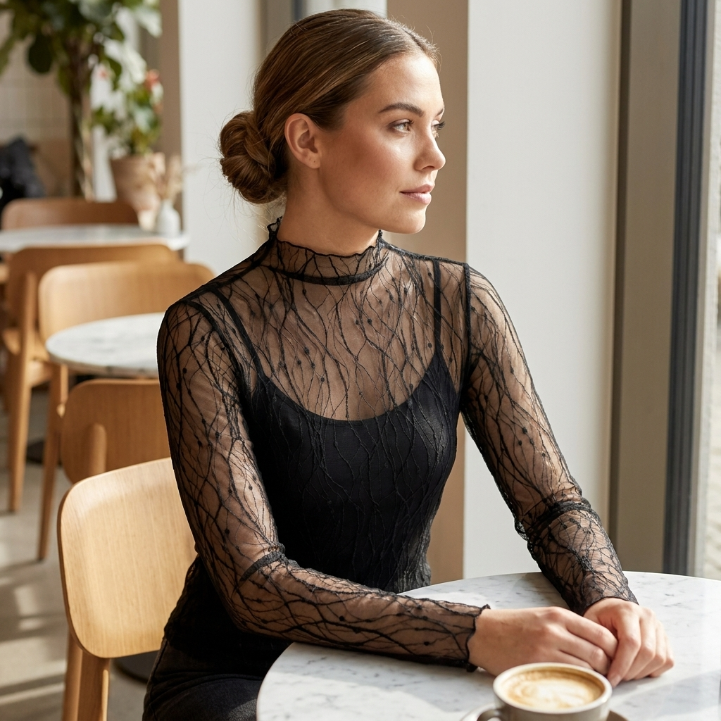 Sheer Lace Mesh Blouse – High-Neck Long-Sleeve Top for Women