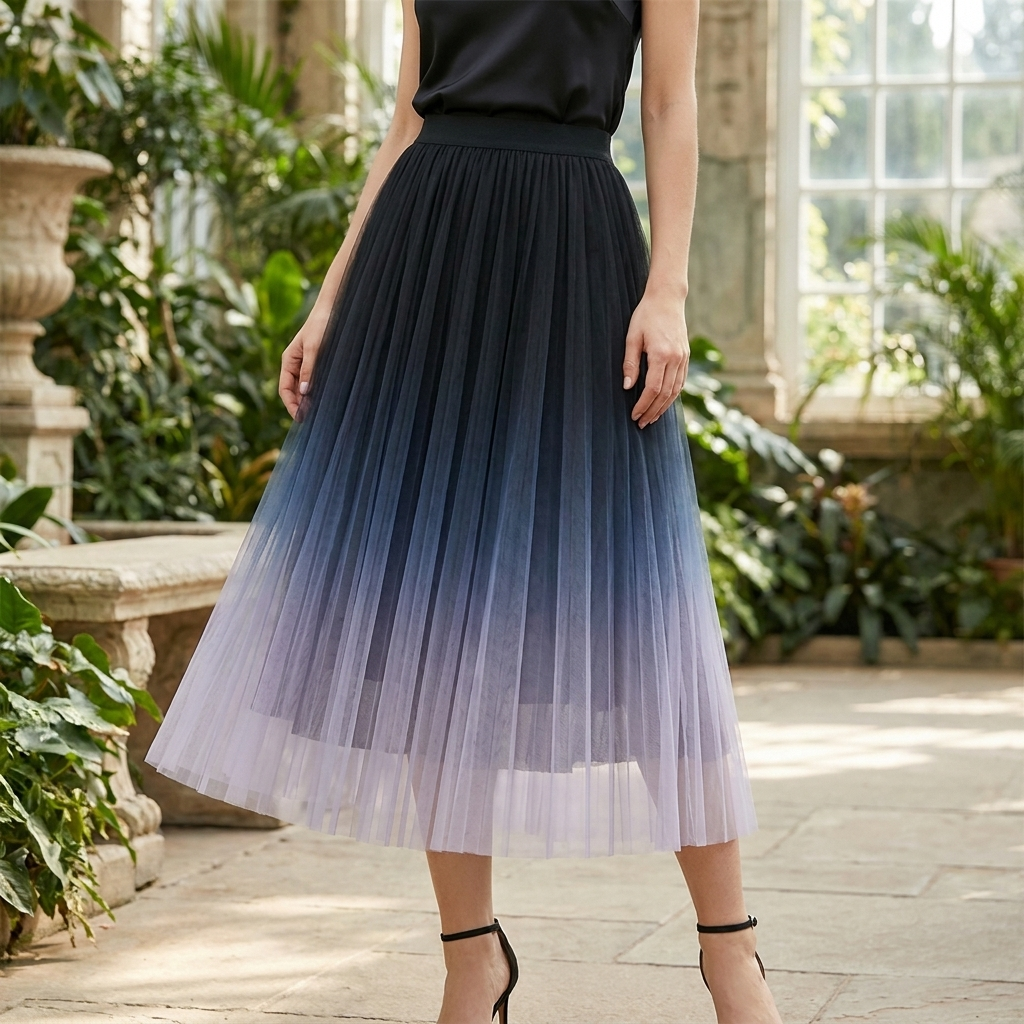 High-Waist Pleated Tulle Midi Skirt – A-Line Mesh Elegance