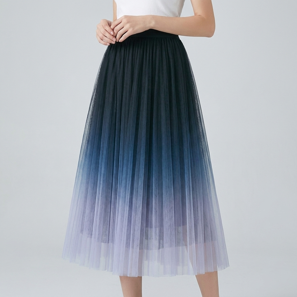 High-Waist Pleated Tulle Midi Skirt – A-Line Mesh Elegance