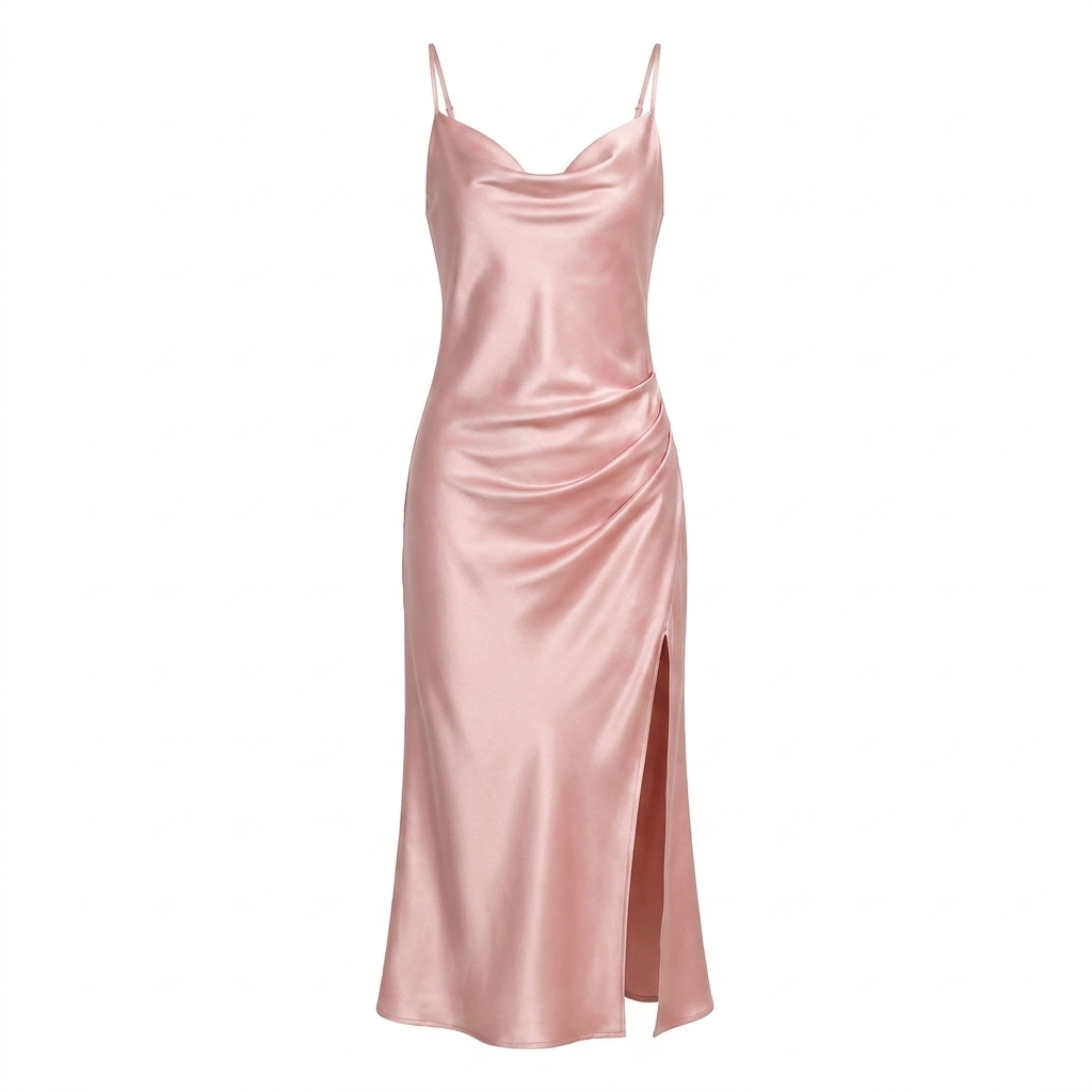 Satin Cowl-Neck Slip Dress – High-Slit Midi for Women