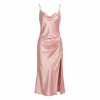 Satin Cowl-Neck Slip Dress – High-Slit Midi for Women