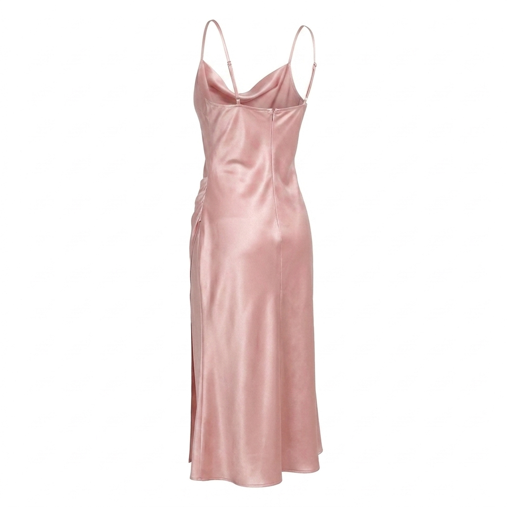 Satin Cowl-Neck Slip Dress – High-Slit Midi for Women