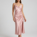 Satin Cowl-Neck Slip Dress – High-Slit Midi for Women