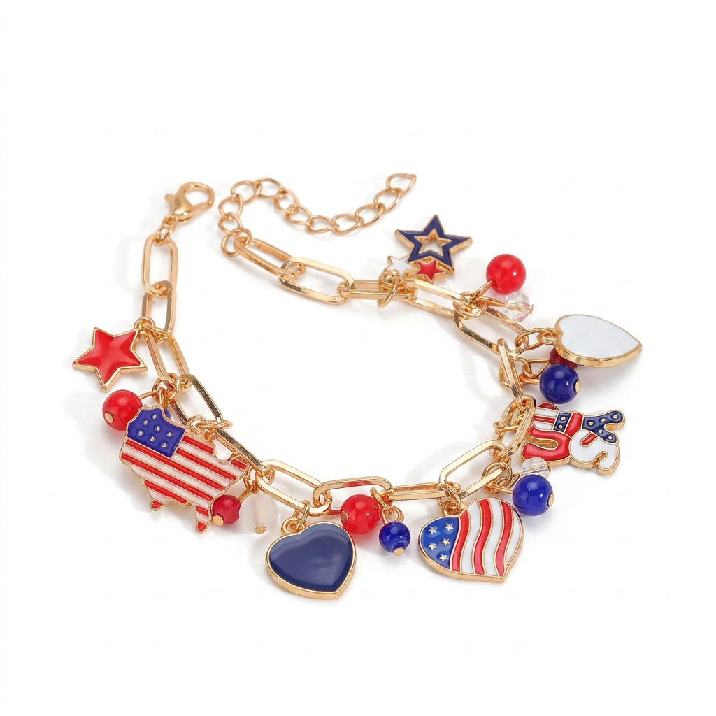 Patriotic Charm Bracelet – Festive Style with Enamel Dangle Charms