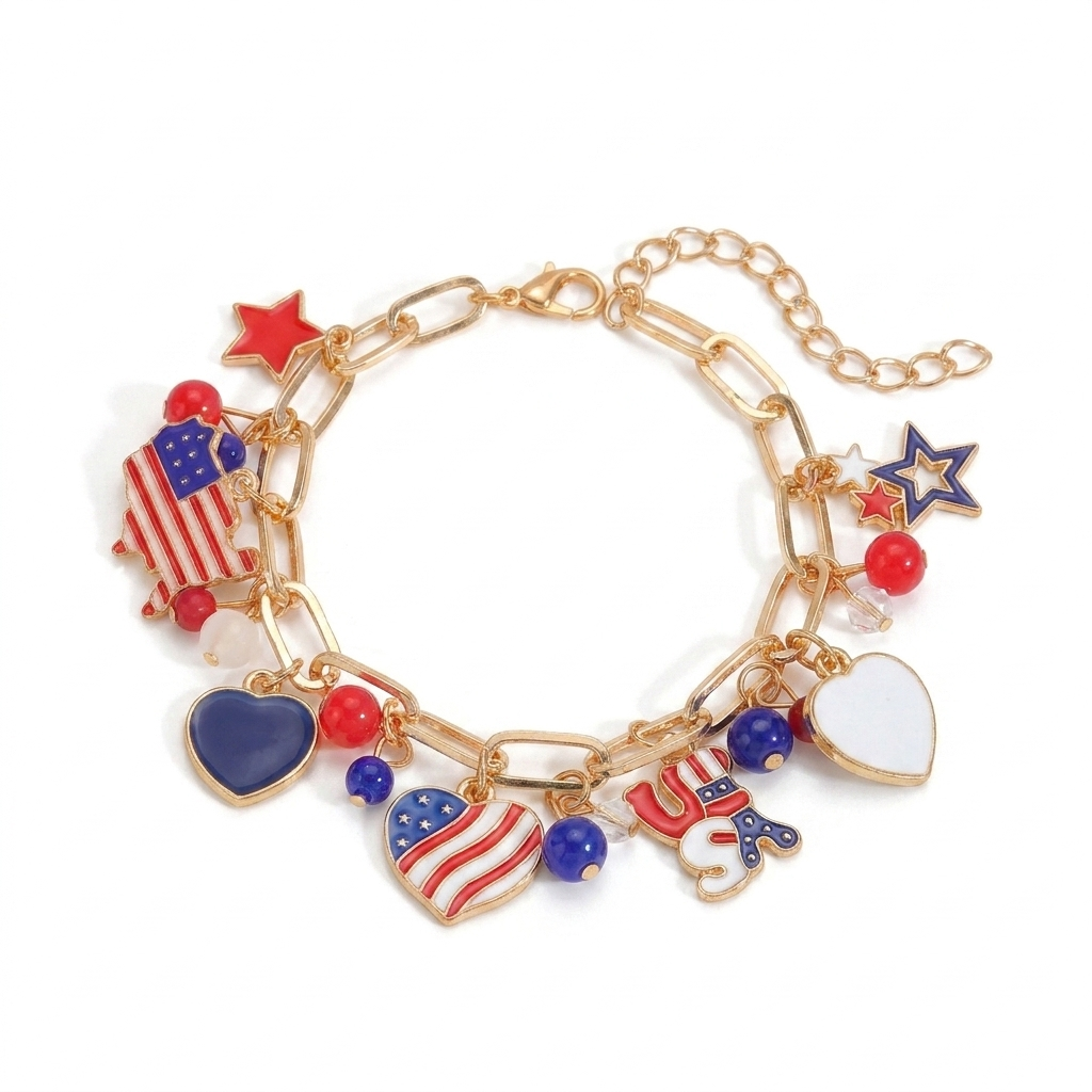 Patriotic Charm Bracelet – Festive Style with Enamel Dangle Charms
