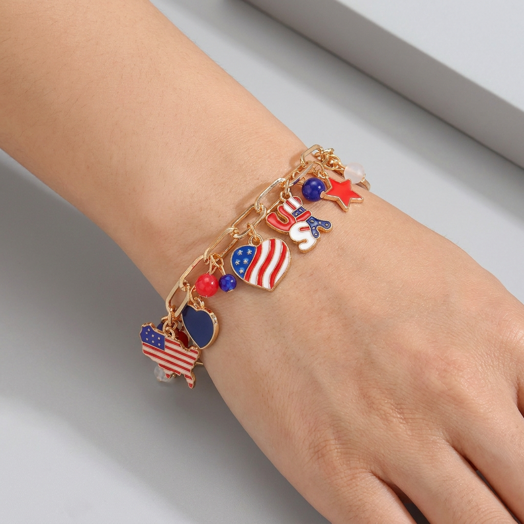 Patriotic Charm Bracelet – Festive Style with Enamel Dangle Charms
