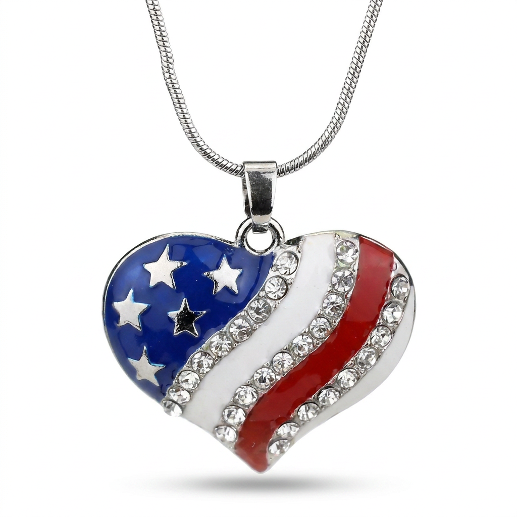 Patriotic Heart Pendant Necklace – Sparkling Style with Rhinestone Accents