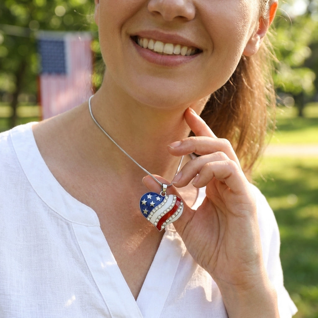 Patriotic Heart Pendant Necklace – Sparkling Style with Rhinestone Accents