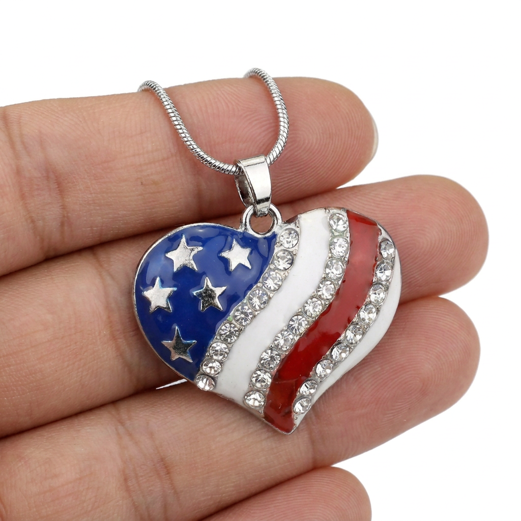 Patriotic Heart Pendant Necklace – Sparkling Style with Rhinestone Accents