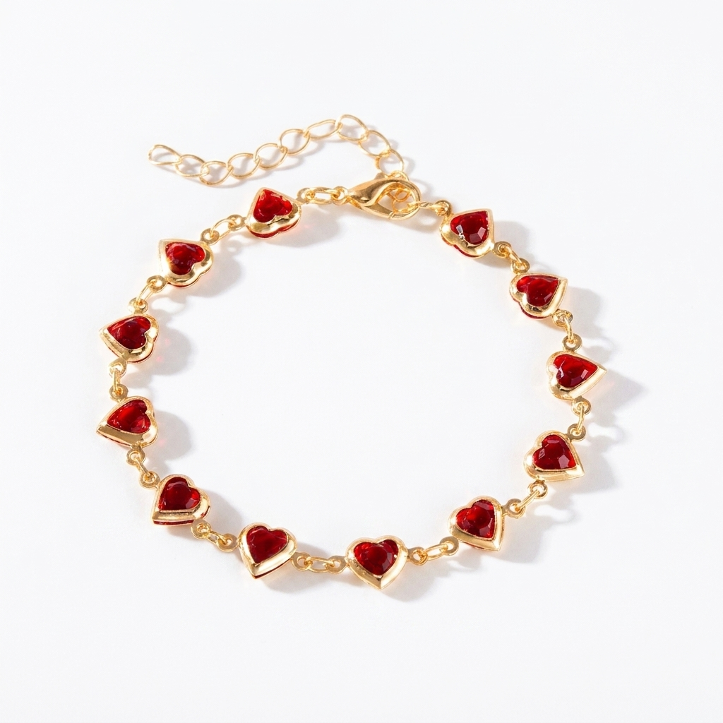 Red Crystal Heart Bracelet – Elegant Metal Chain with Zircon Charm