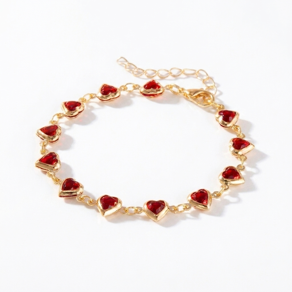 Red Crystal Heart Bracelet – Elegant Metal Chain with Zircon Charm