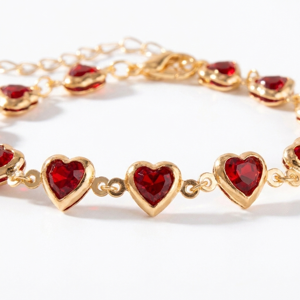 Red Crystal Heart Bracelet – Elegant Metal Chain with Zircon Charm