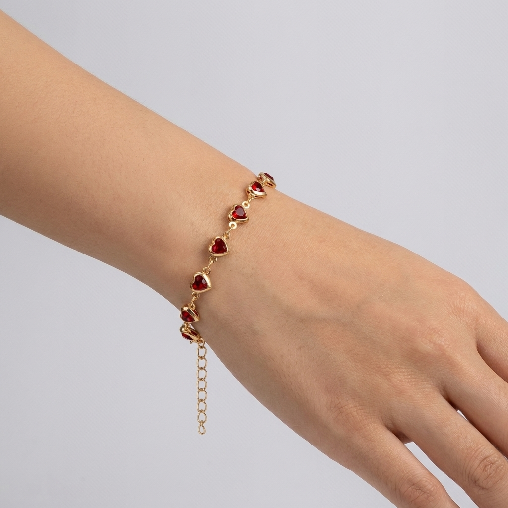 Red Crystal Heart Bracelet – Elegant Metal Chain with Zircon Charm