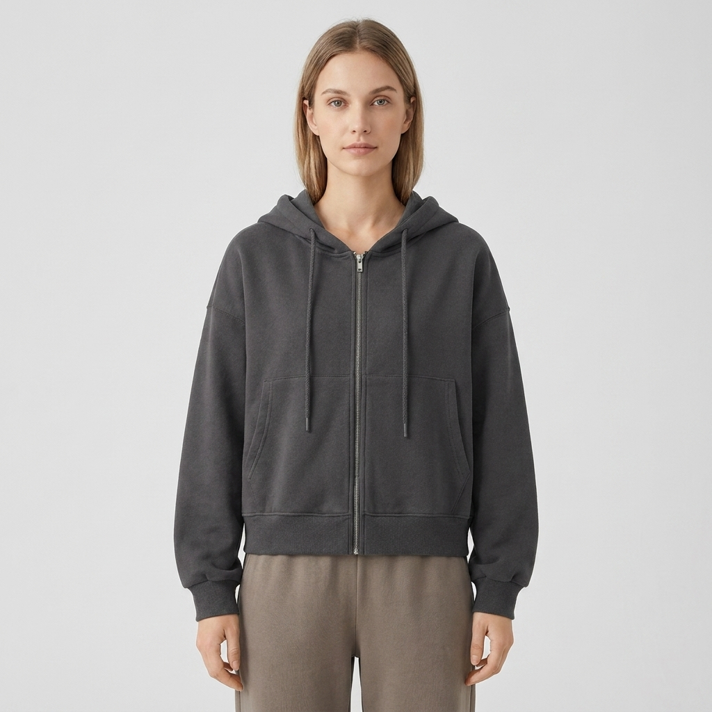 Cropped Zip Hoodie – Casual Comfort with Long Sleeve Design