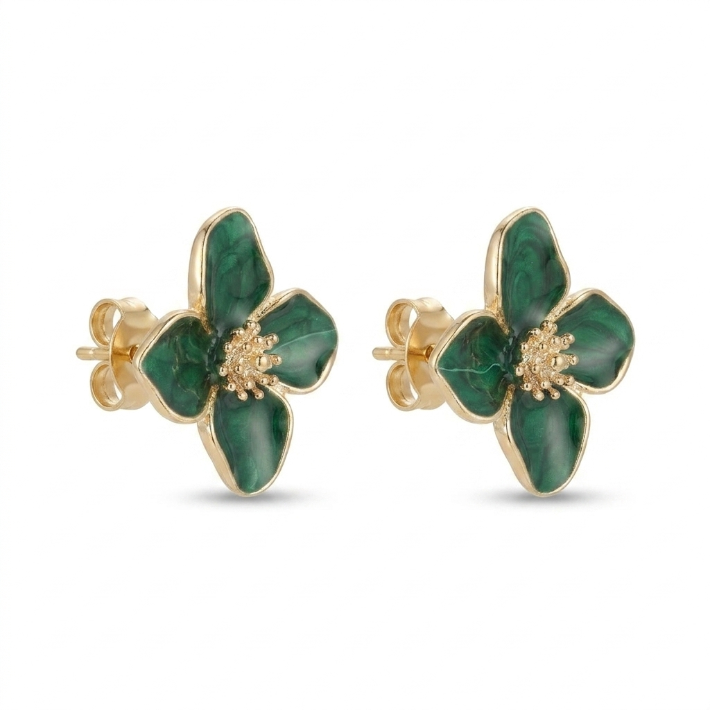 Green Flower Earrings – Vintage Charm & Drip Glaze Finish