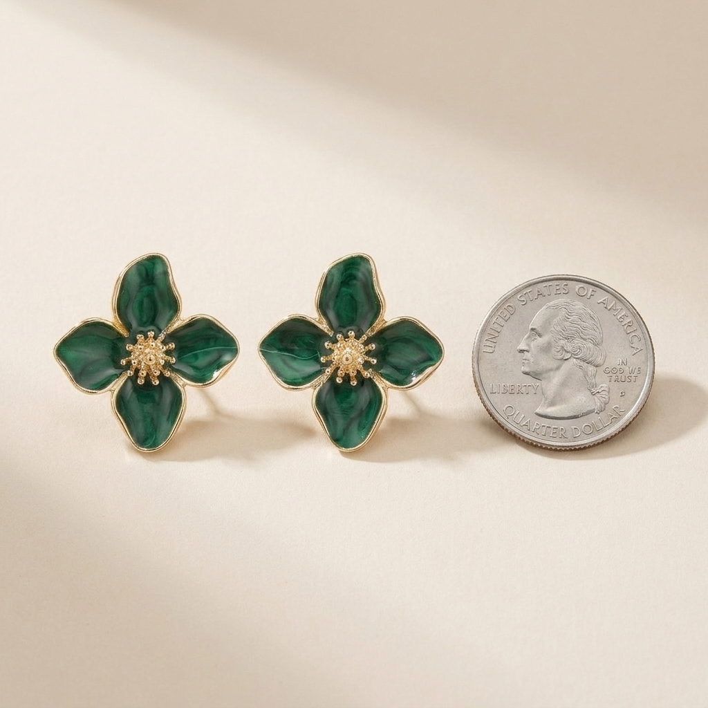 Green Flower Earrings – Vintage Charm & Drip Glaze Finish