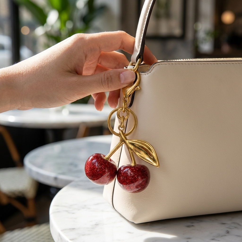 Cherry Bag Charm – Playful Crystal Cherry Pendant Accessory