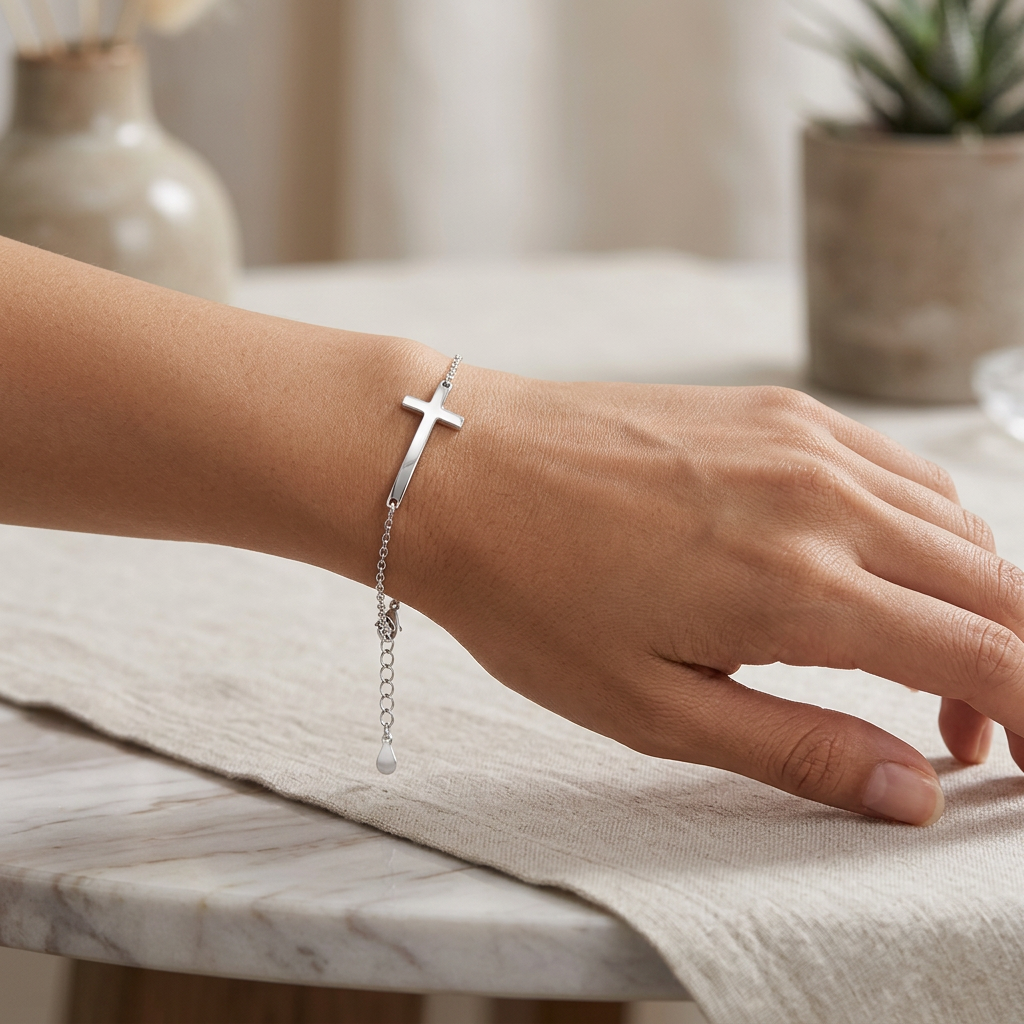 925 Silver Heart Cross Bracelet – Elegant Wedding Charm for Women