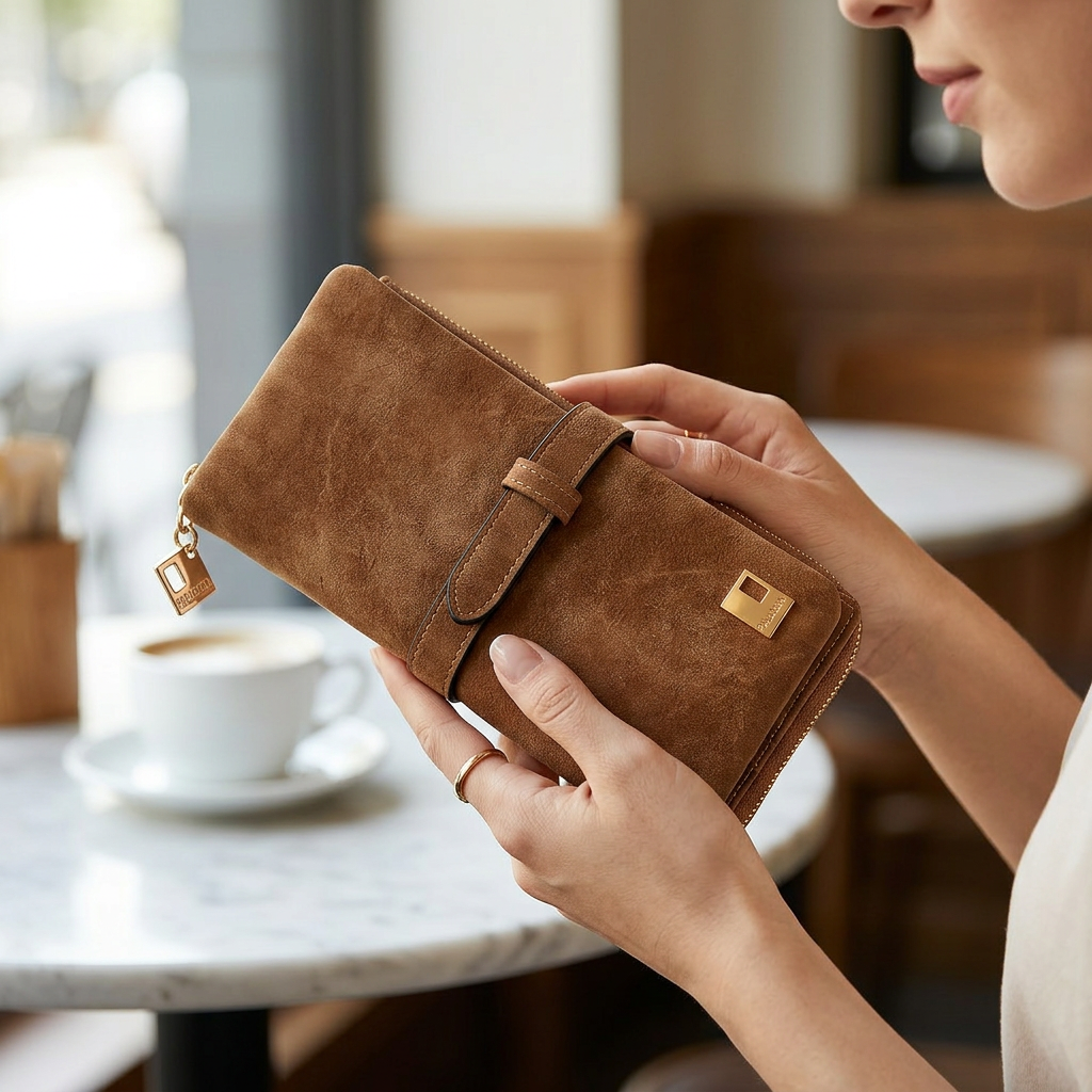 Women’s Long Wallet – Chic Nubuck Leather Drawstring Purse