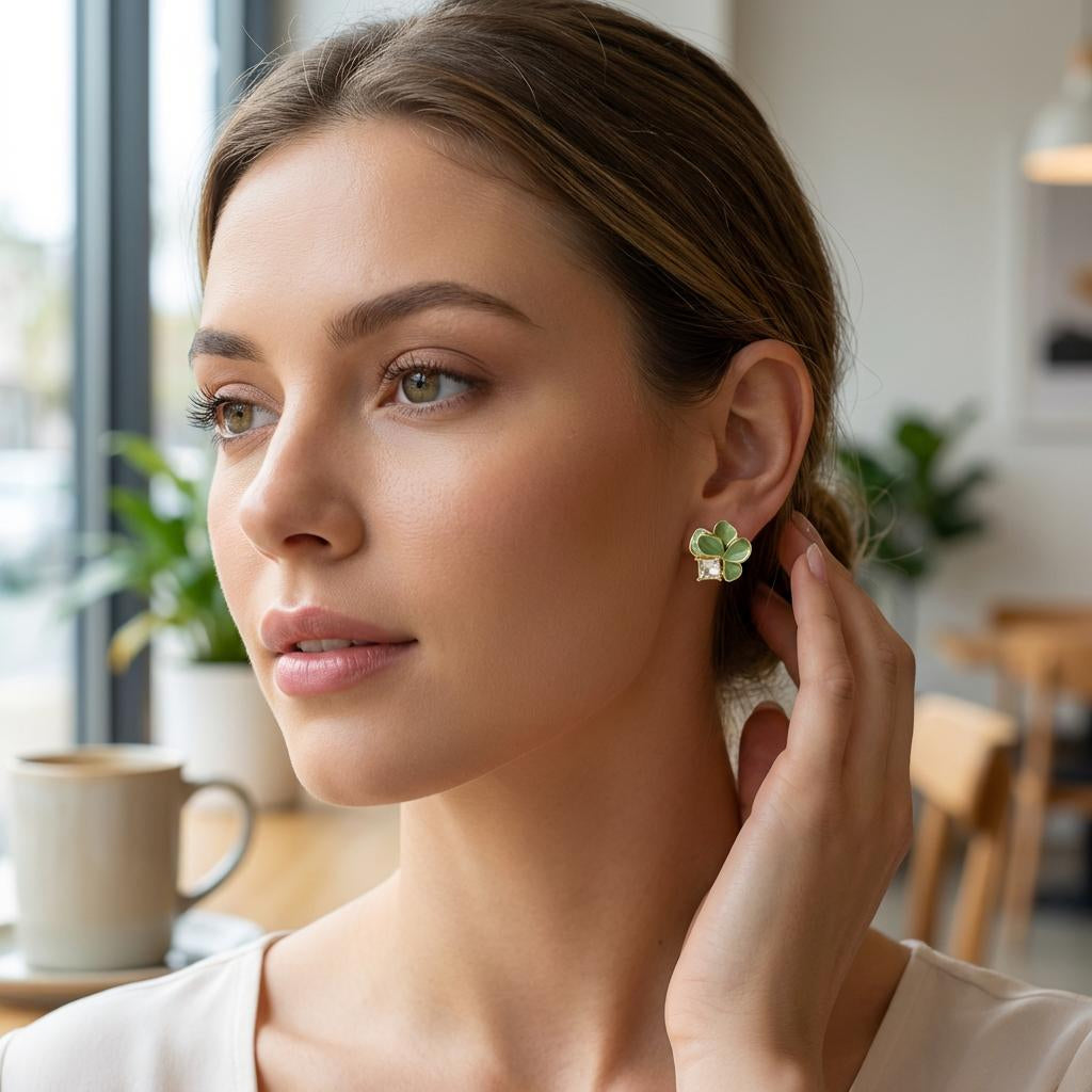 Green Enamel Flower Stud Earrings – Gold-Tone Crystal Accent