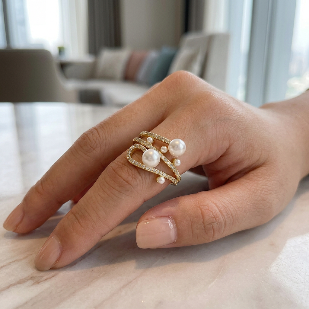 Layered Pearl Ring – Chic Adjustable Gold Statement