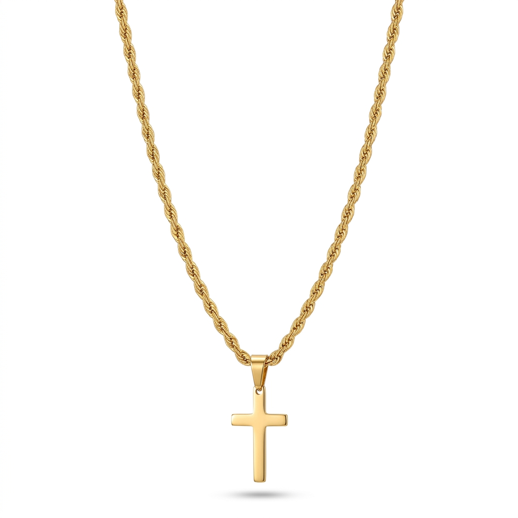 Gold Cross Pendant Necklace – Minimalist Chic Stainless Steel Rope Chain