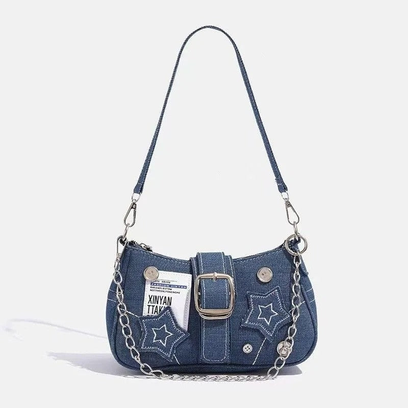 Vintage Canvas Star Print Underarm Bag for Women Girls