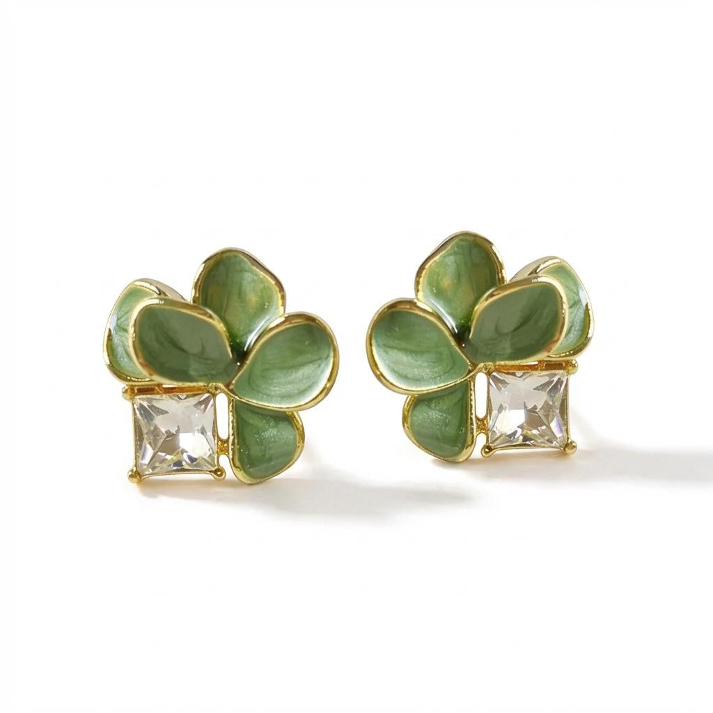 Green Enamel Flower Stud Earrings – Gold-Tone Crystal Accent