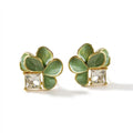 Green Enamel Flower Stud Earrings – Gold-Tone Crystal Accent