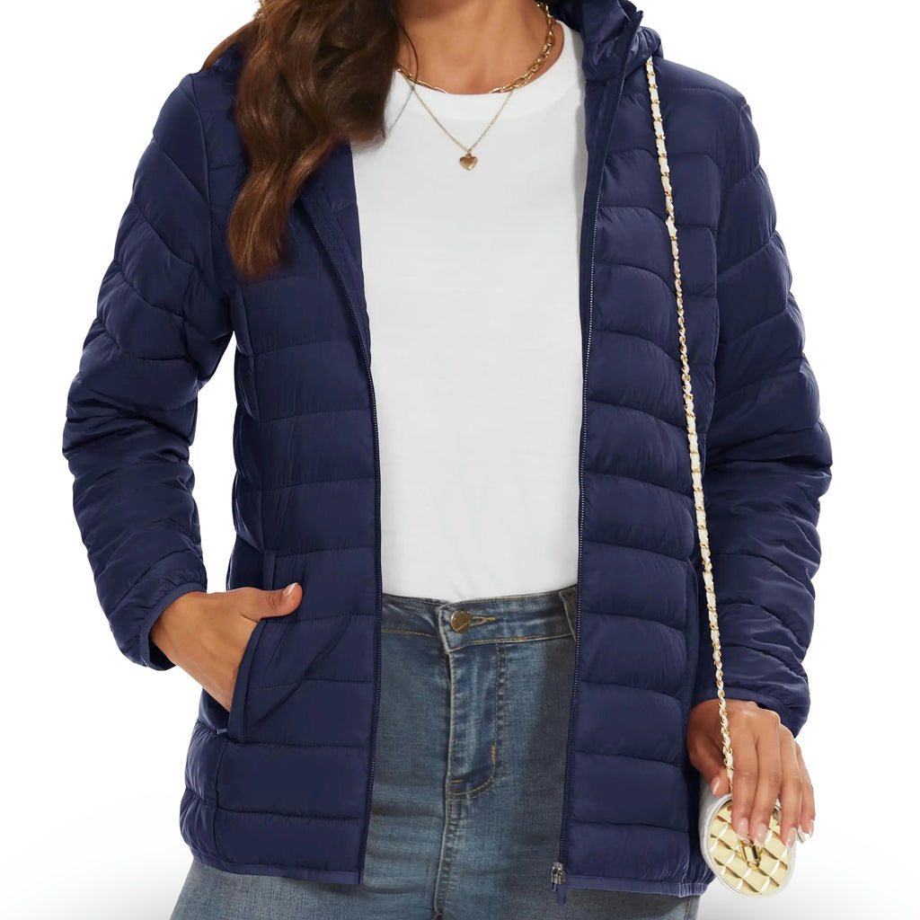Lightweight Hooded Puffer Jacket – Warm Quilted Nylon Zip Coat