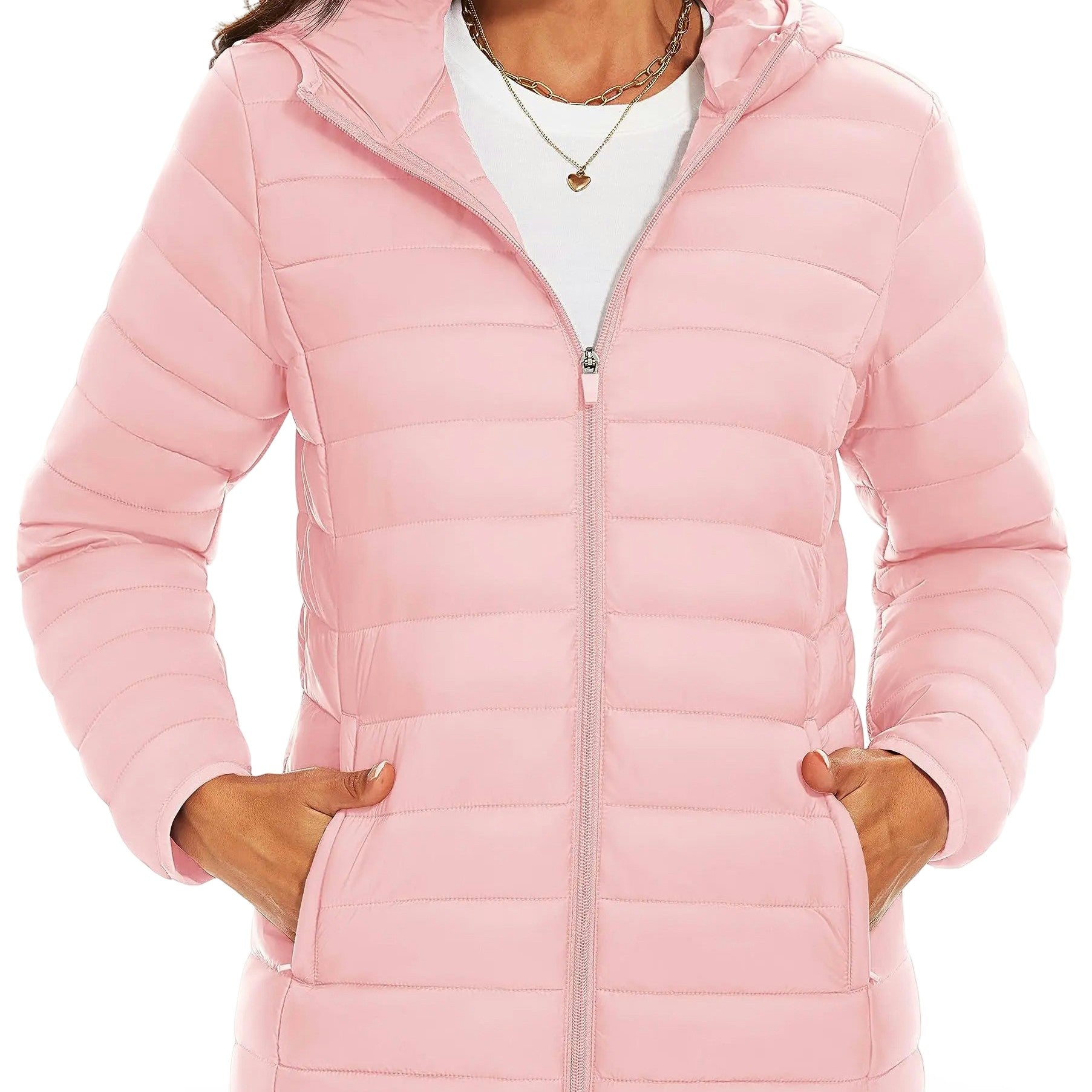 Lightweight Hooded Puffer Jacket – Warm Quilted Nylon Zip Coat