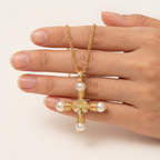 Personalized Pearl Cross Necklace – Elegant Charm & Gold-Plated Finish