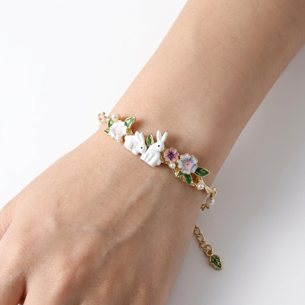 Bunny Charm Bracelet – Cute Pearl Zodiac Design in Alloy