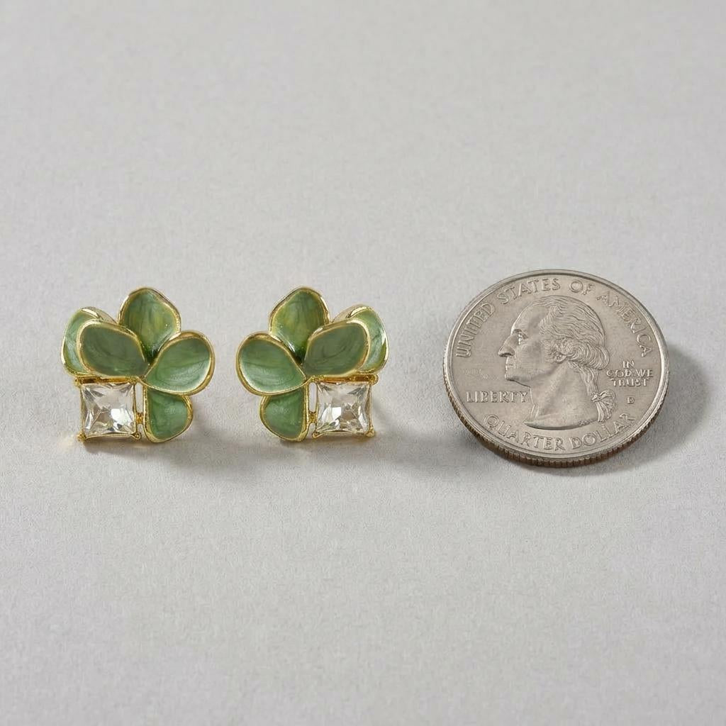 Green Enamel Flower Stud Earrings – Gold-Tone Crystal Accent