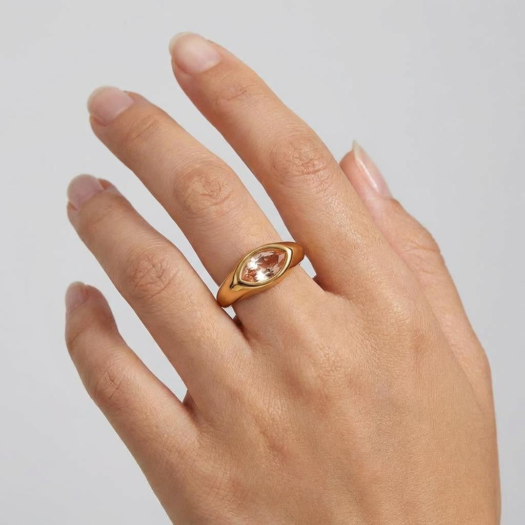 Marquise Zircon Signet Ring – 18K Gold Plated Stainless Steel