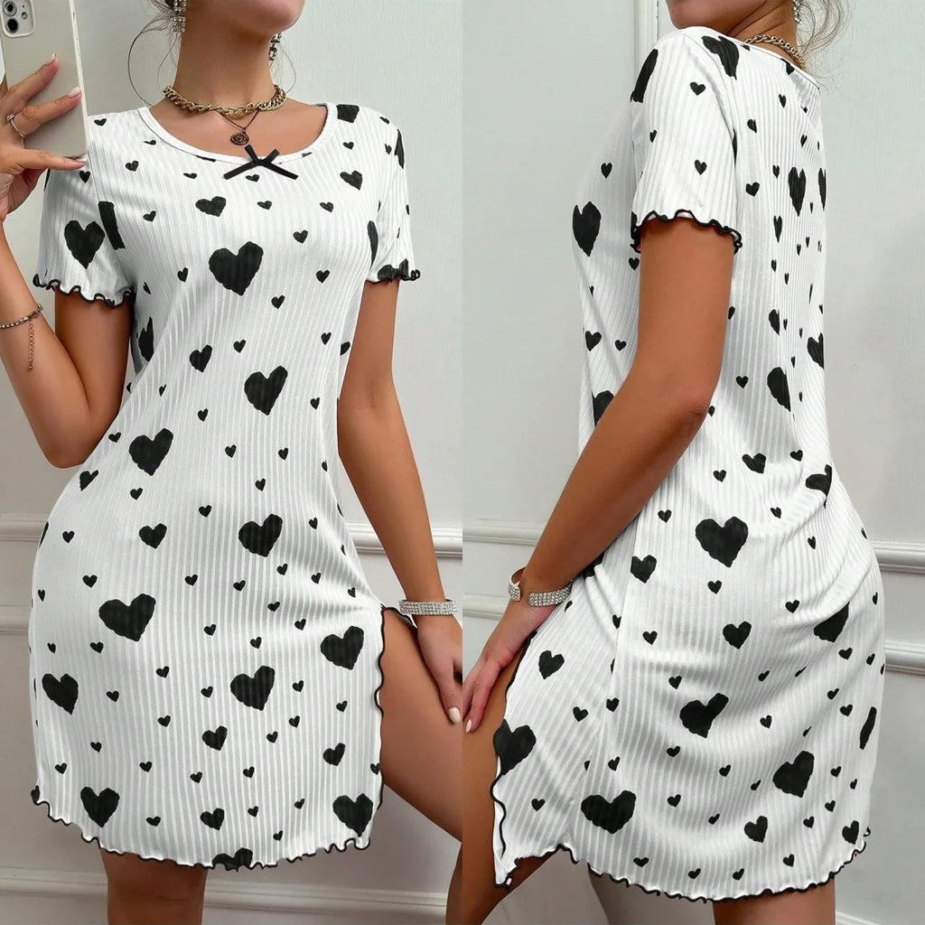 Summer Love Pajama Dress – Soft Comfort Bow & Printed Knee-Length