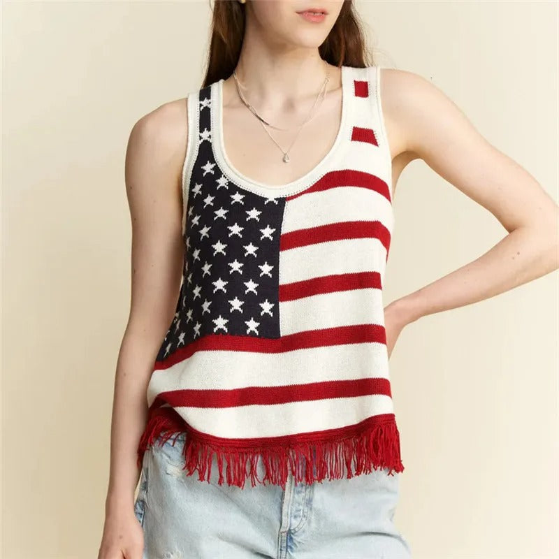 American Flag Crop Tank – Patriotic Style with Fringe Hem Knit