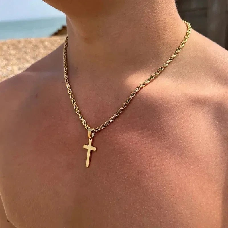 Gold Cross Pendant Necklace – Minimalist Chic Stainless Steel Rope Chain